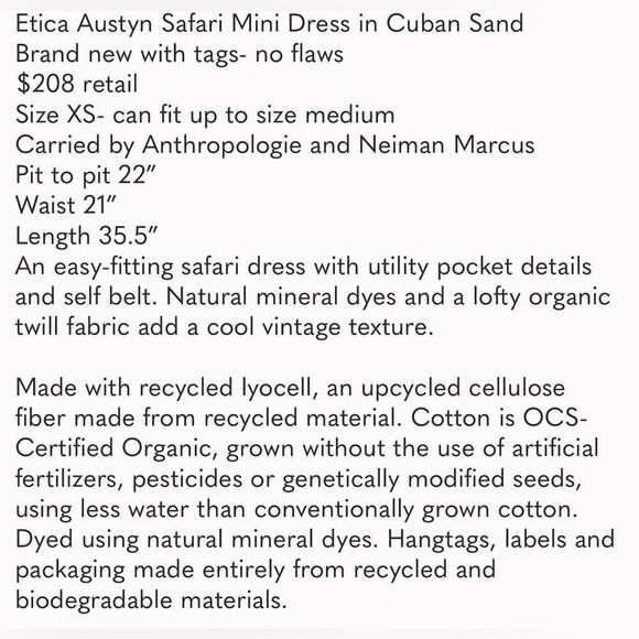 NWT ETICA Women’s Austyn Safari Dress Cuban Sand Khaki - Size XS - Picture 6 of 6